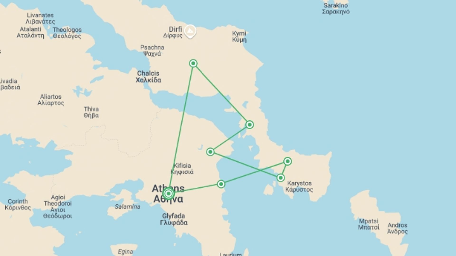 A map showing the tour itinerary for the trip: Greek Island Cruise, starting in Athens, Greece and ending in Athens, Greece going through 0 other destinations.