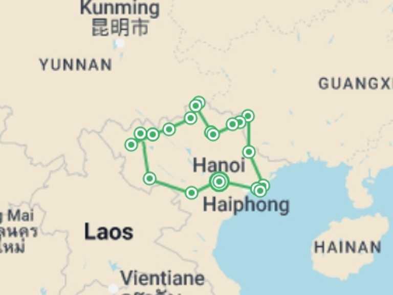 Map of Hanoi Local boat rides Tour with 11 destination visits for the trip: Northern Loop Vietnam 13 Days 12 Nights