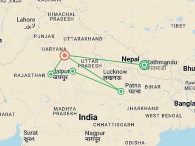 Map of New Delhi Adventure Tour with 5 destination visits for the trip: Classical India with Nepal, a Women-Only Tour