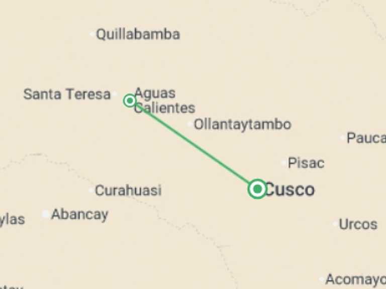 Map of 2-Day Peru Tour with 3 destination visits for the trip: Machu Picchu by Train 2D/1N (Sleep in Aguas Calientes)