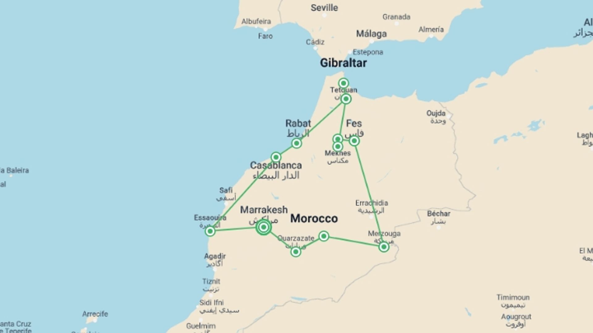 A map showing the tour itinerary for the trip: Moroccan Dream (4 Star Hotels), starting in Marrakech, Morocco and ending in Marrakech, Morocco going through 7 other destinations.