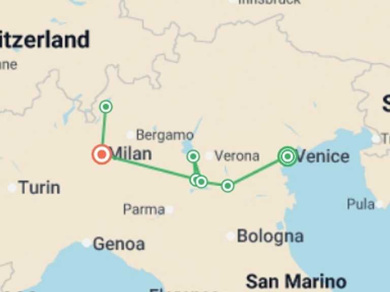 Map of 9-Day Europe Tour with 0 destination visits for the trip: From the Canals of Venice to Renaissance-infused Mantua & Milan and Lake Como Extended Stay (port-to-port cruise)