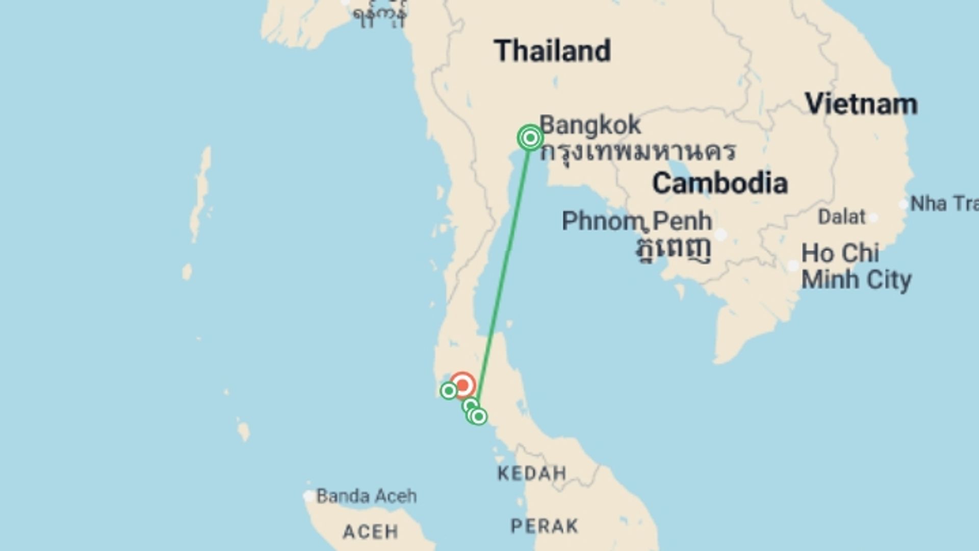 A map showing the tour itinerary for the trip: Thai Island Hopping, starting in Bangkok, Thailand and ending in Krabi, Thailand going through 4 other destinations.