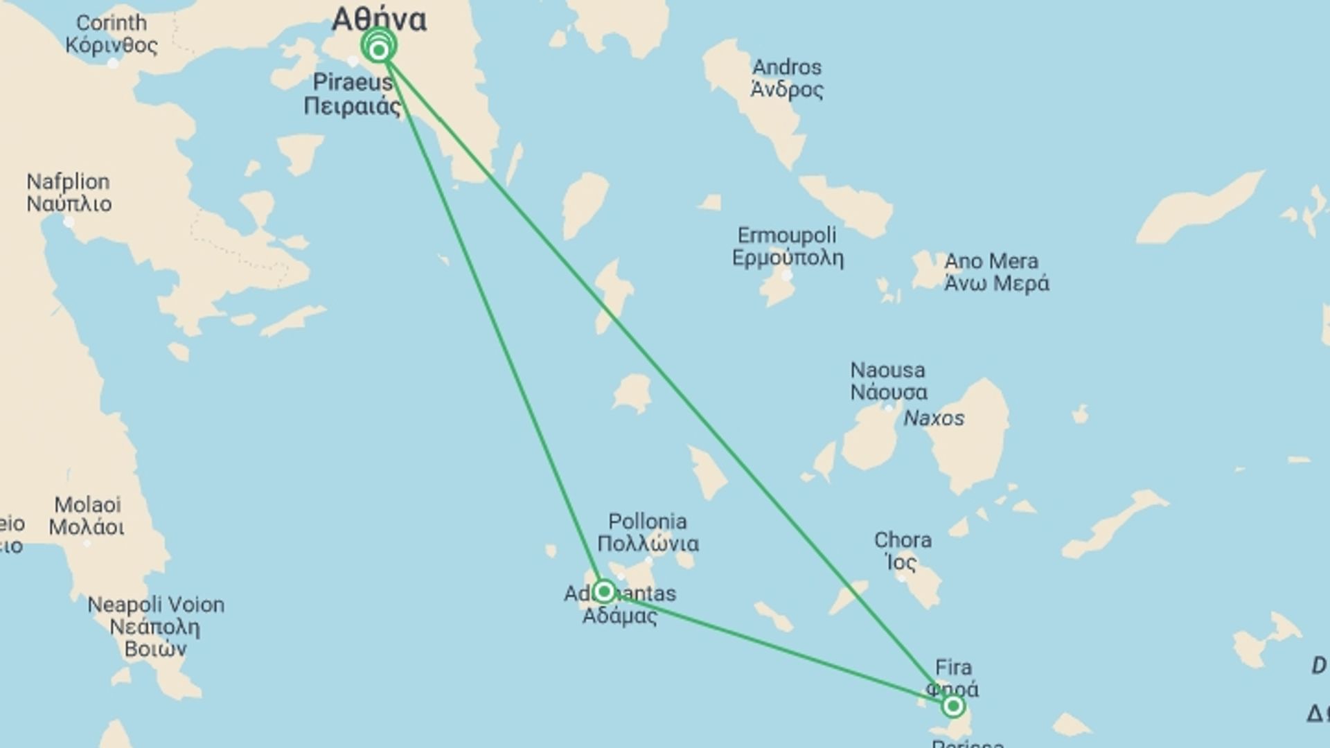 A map showing the tour itinerary for the trip: Athens, Santorini & Milos, starting in Athens, Greece and ending in Athens, Greece going through 3 other destinations.