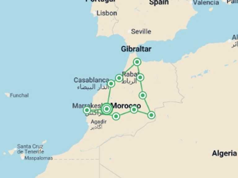 Map itinerary of Mediterranean Tour in November 2026 with 9 destination visits for the trip: Camels, Souks & Kasbahs - 15 Days