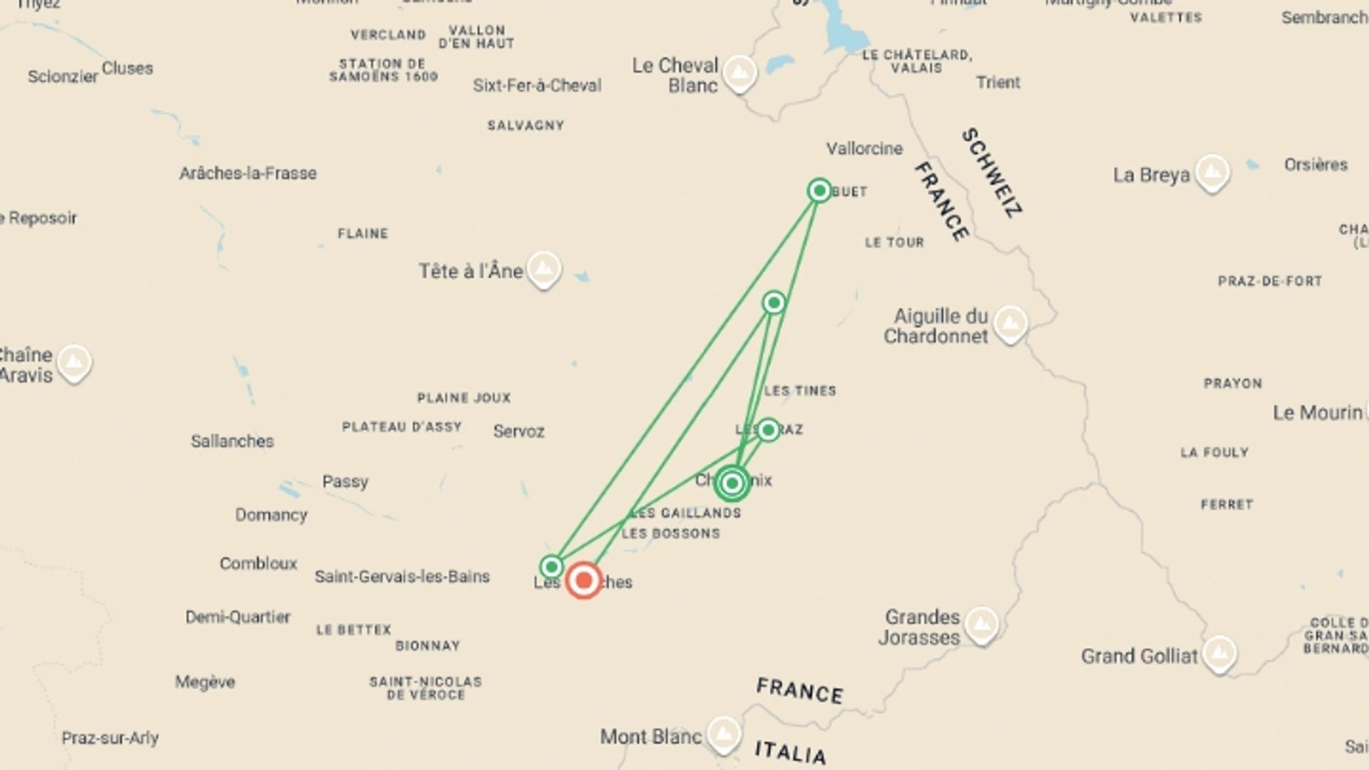 A map showing the tour itinerary for the trip: Highlights of Mont Blanc, starting in Chamonix, France and ending in Les Houches, France going through 5 other destinations.