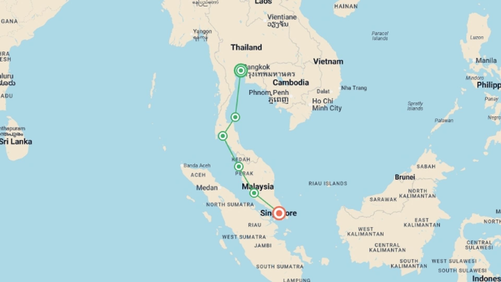 A map showing the tour itinerary for the trip: Bangkok to Singapore Express Travel Pass, starting in Bangkok, Thailand and ending in Singapore, Singapore going through 4 other destinations.