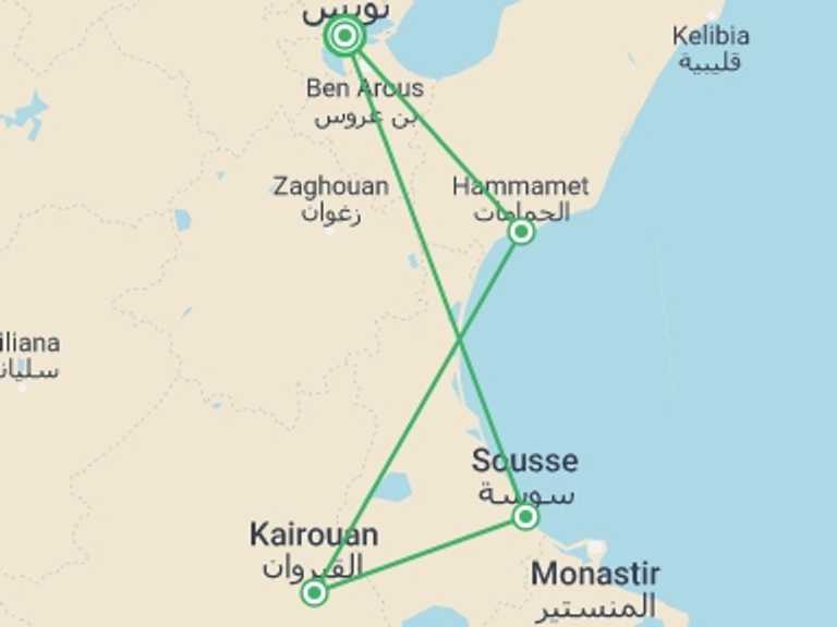 Map of Tunisia Tour with 3 destination visits for the trip: Taste Of Tunisia, Small Group Tour