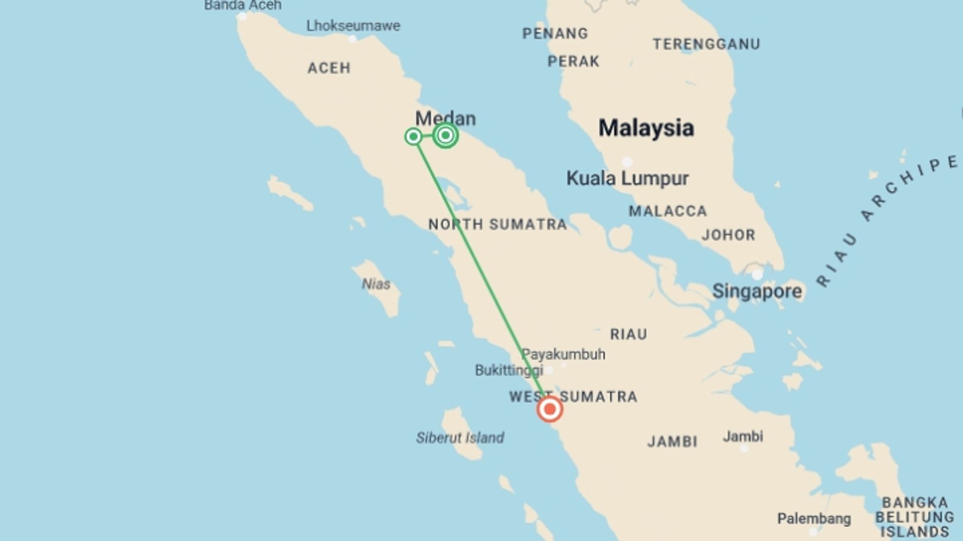 A map showing the tour itinerary for the trip: Sumatra Uncovered, starting in Medan, Indonesia and ending in Padang, Indonesia going through 1 other destinations.
