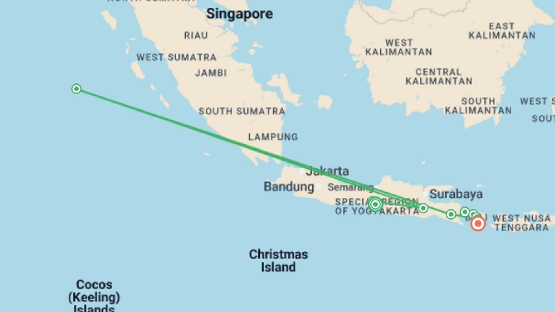 A map showing the tour itinerary for the trip: Exotic Java and Bali, starting in Yogyakarta, Indonesia and ending in Sanur, Indonesia going through 8 other destinations.