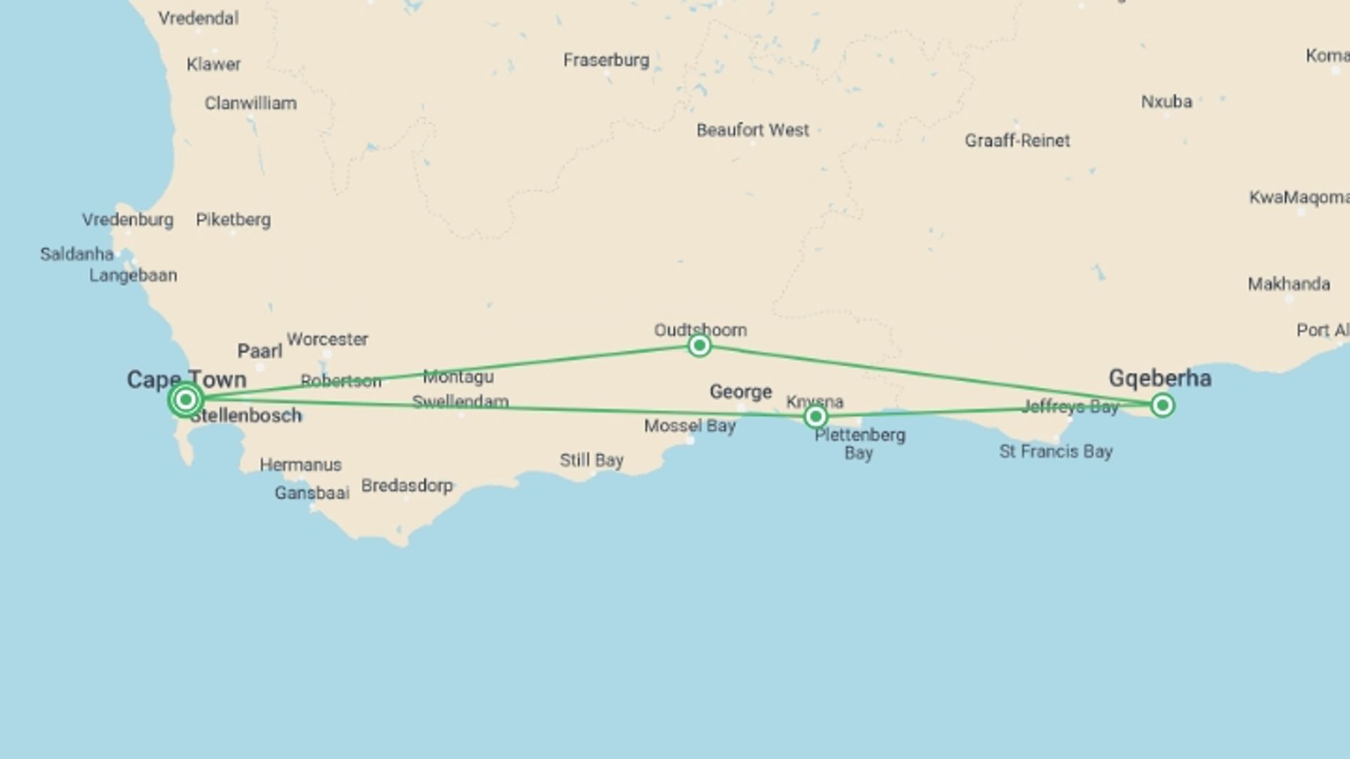 A map showing the tour itinerary for the trip: Garden Route and Addo, starting in Cape Town, South Africa and ending in Cape Town, South Africa going through 3 other destinations.