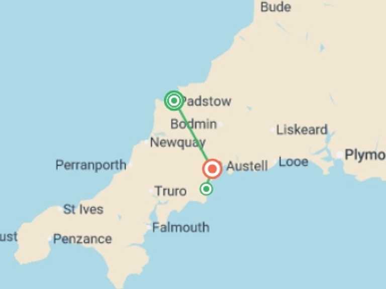 Map itinerary of Europe Tour in June 2026 with 3 destination visits for the trip: Walking in Cornwall