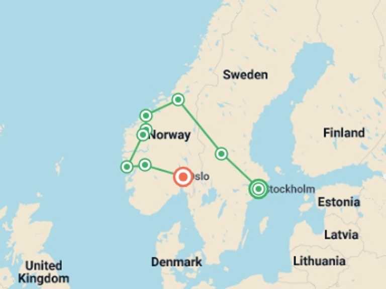 Map of Scandinavia Tour with 7 destination visits for the trip: Legendary Fjords End Oslo