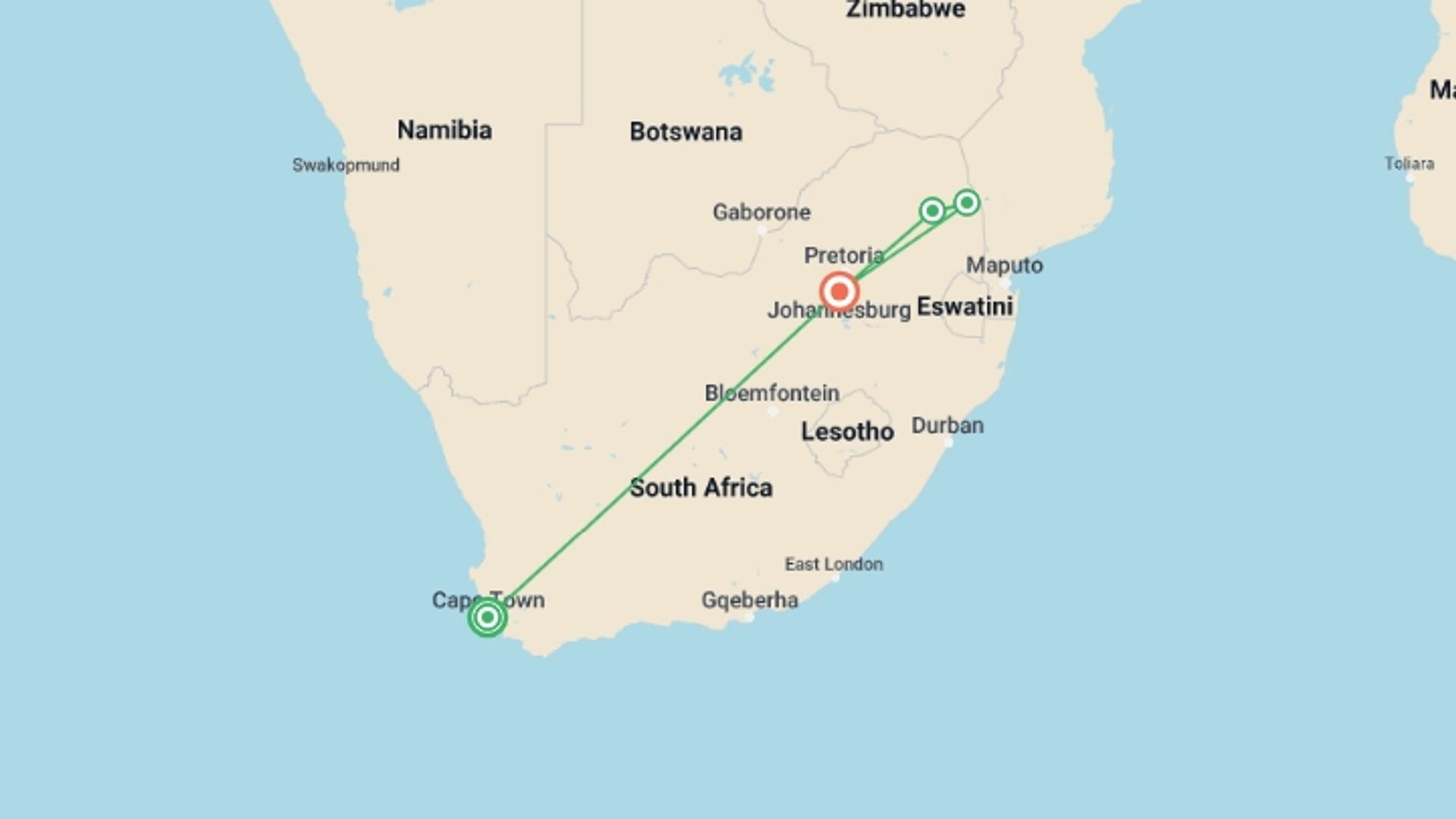 A map showing the tour itinerary for the trip: Journeys: Explore Cape Town & Kruger National Park, starting in Cape Town, South Africa and ending in Johannesburg, South Africa going through 2 other destinations.