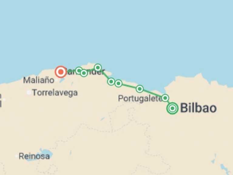 Map itinerary of Bilbao Tour in October 2026 with 7 destination visits for the trip: Camino Norte - Bilbao to Santander