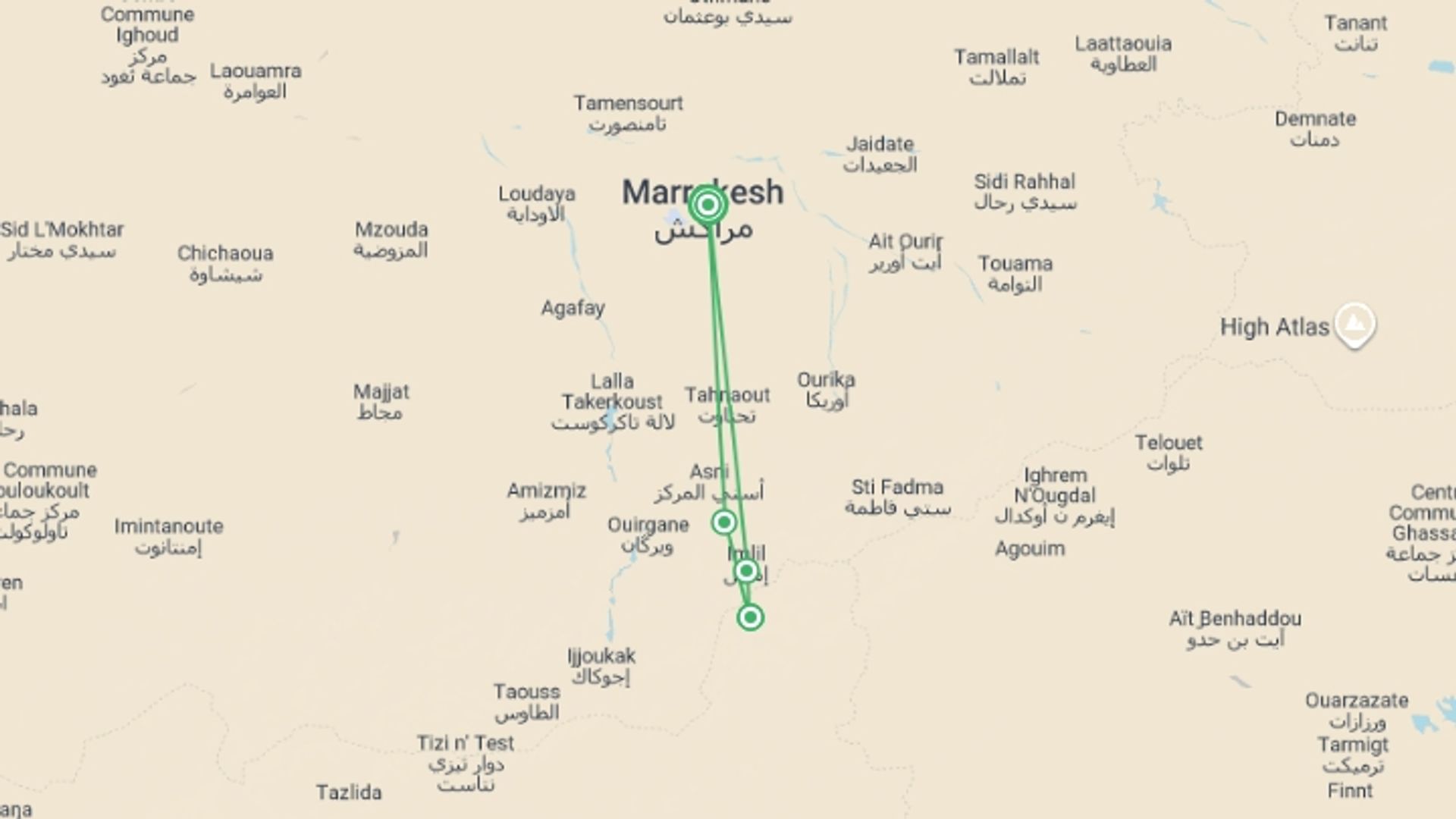 A map showing the tour itinerary for the trip: Climb Morocco's Mt Toubkal, starting in Marrakech, Morocco and ending in Marrakech, Morocco going through 3 other destinations.