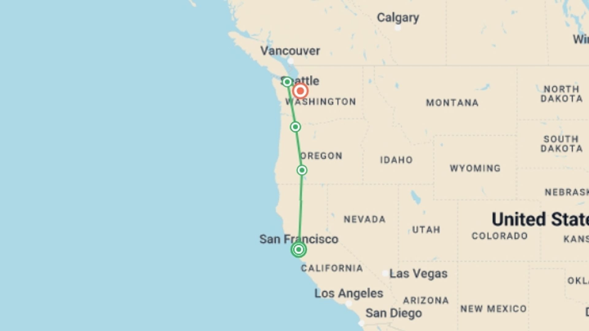 A map showing the tour itinerary for the trip: San Francisco to Seattle, starting in San Francisco, USA and ending in Seattle, USA going through 3 other destinations.