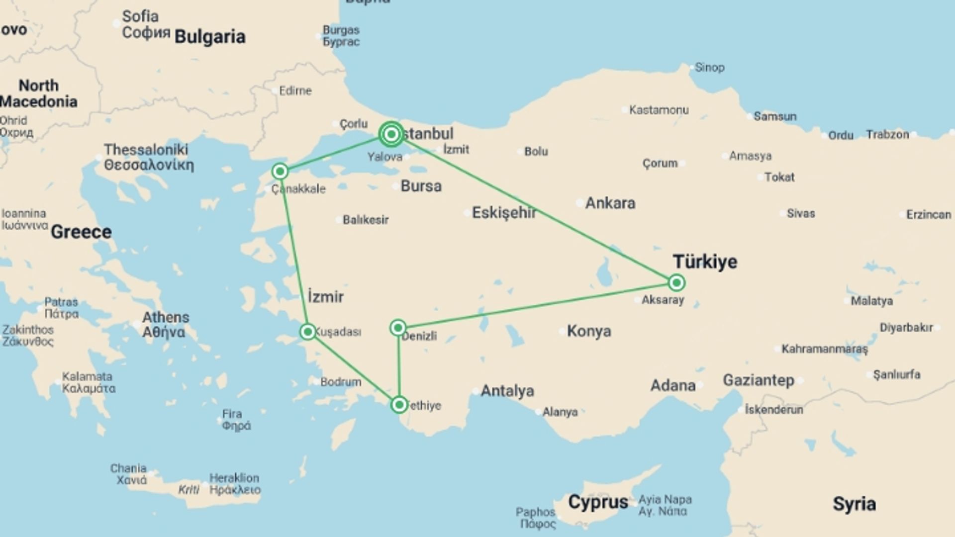 A map showing the tour itinerary for the trip: Best of Turkey by Gulet (5 Star Hotels), starting in Istanbul, Turkey and ending in Istanbul, Turkey going through 6 other destinations.