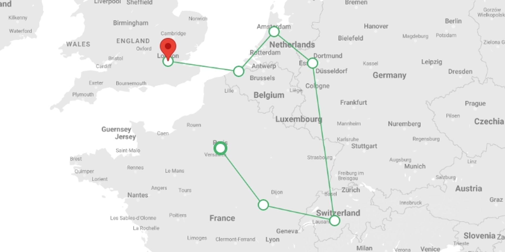 A map showing the tour itinerary for the trip: Europe Taster Christmas, starting in Paris, France and ending in London, England going through 5 other destinations.