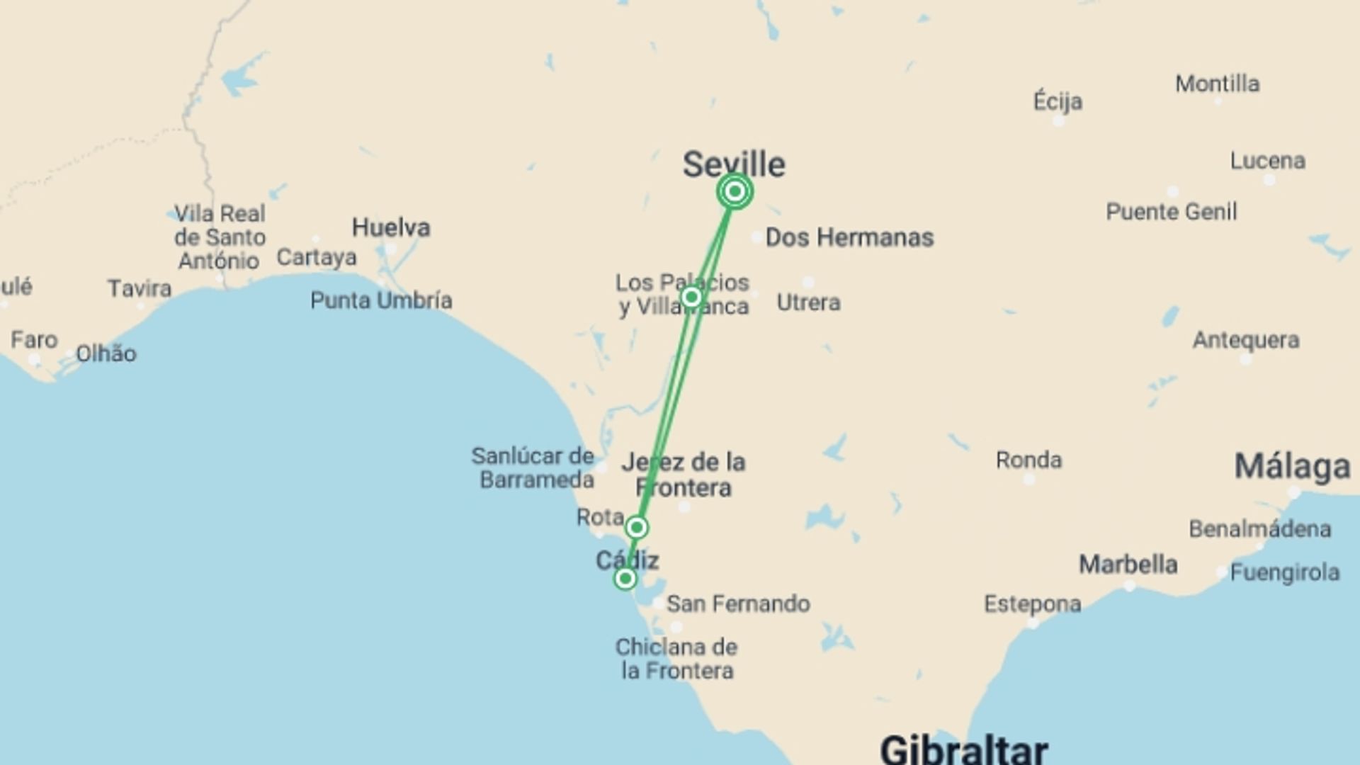A map showing the tour itinerary for the trip: Enchanting Andalusia - Seville Fair Festivities: Tradition, gastronomy and flamenco (port-to-port cruise), starting in Seville, Spain and ending in Seville, Spain going through 3 other destinations.