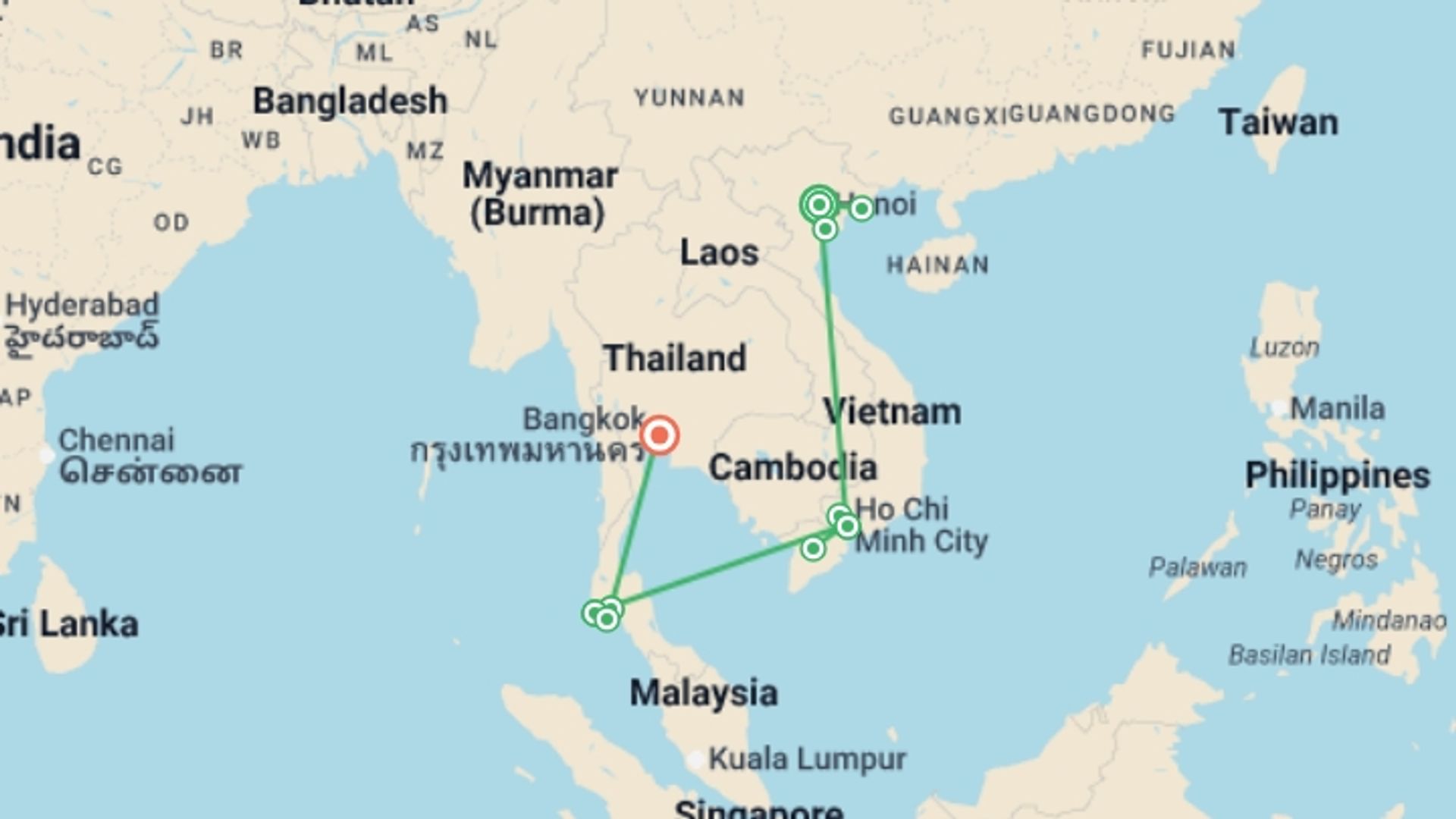 A map showing the tour itinerary for the trip: Picturesque Solo Vietnam and Thailand Tour, starting in Hanoi, Vietnam and ending in Bangkok, Thailand going through 5 other destinations.