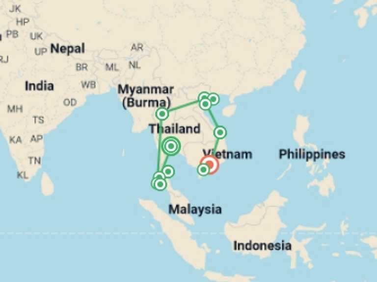 Map itinerary of Asia Tour in September 2026 with 12 destination visits for the trip: Thailand & Vietnam Adventure - 29 days