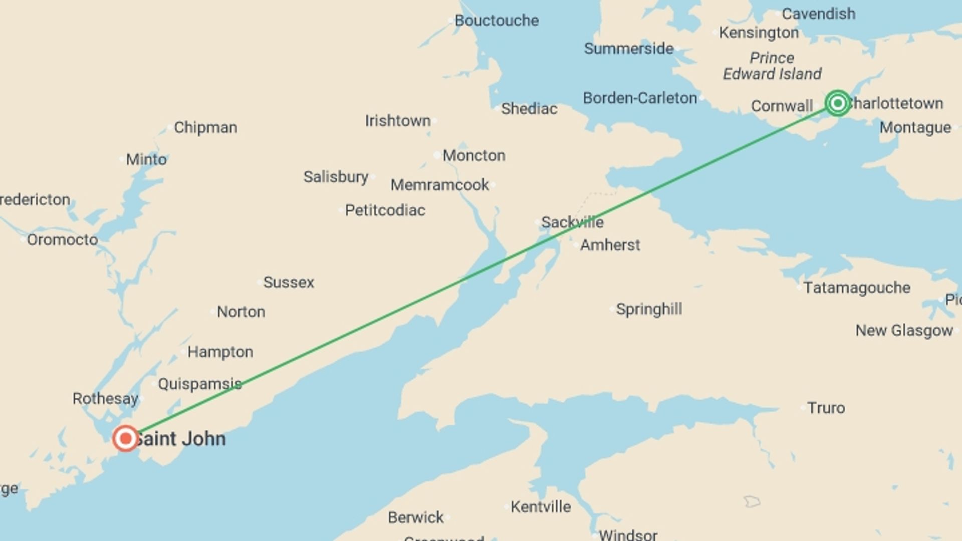 A map showing the tour itinerary for the trip: The Maritimes:  Prince Edward Island to New Brunswick, starting in Charlottetown, Canada and ending in Saint John, Canada going through 1 other destinations.