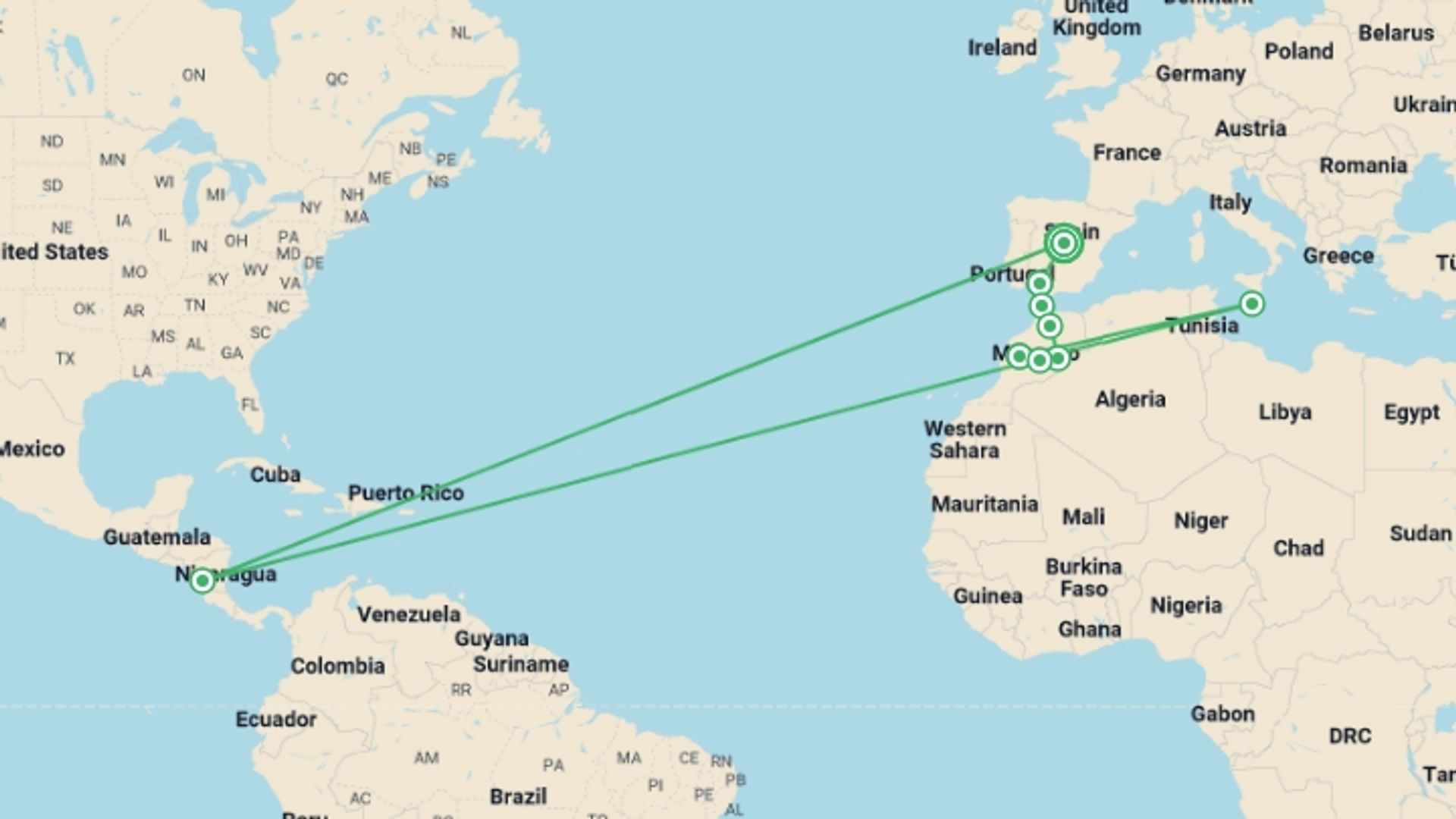 A map showing the tour itinerary for the trip: Madrid and Magical Morocco, starting in Madrid, Spain and ending in Madrid, Spain going through 8 other destinations.