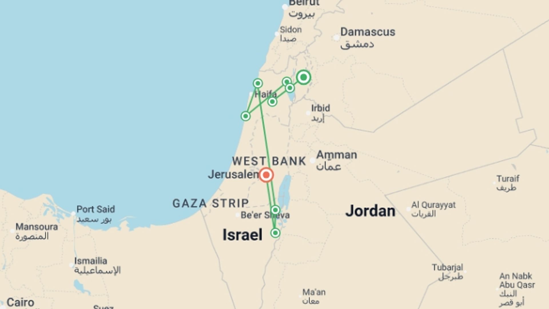 A map showing the tour itinerary for the trip: Classical Israel Tour Package, 5 Days From Jerusalem, starting in Ramot Naftali, Israel and ending in Ramot Naftali, Israel going through 5 other destinations.