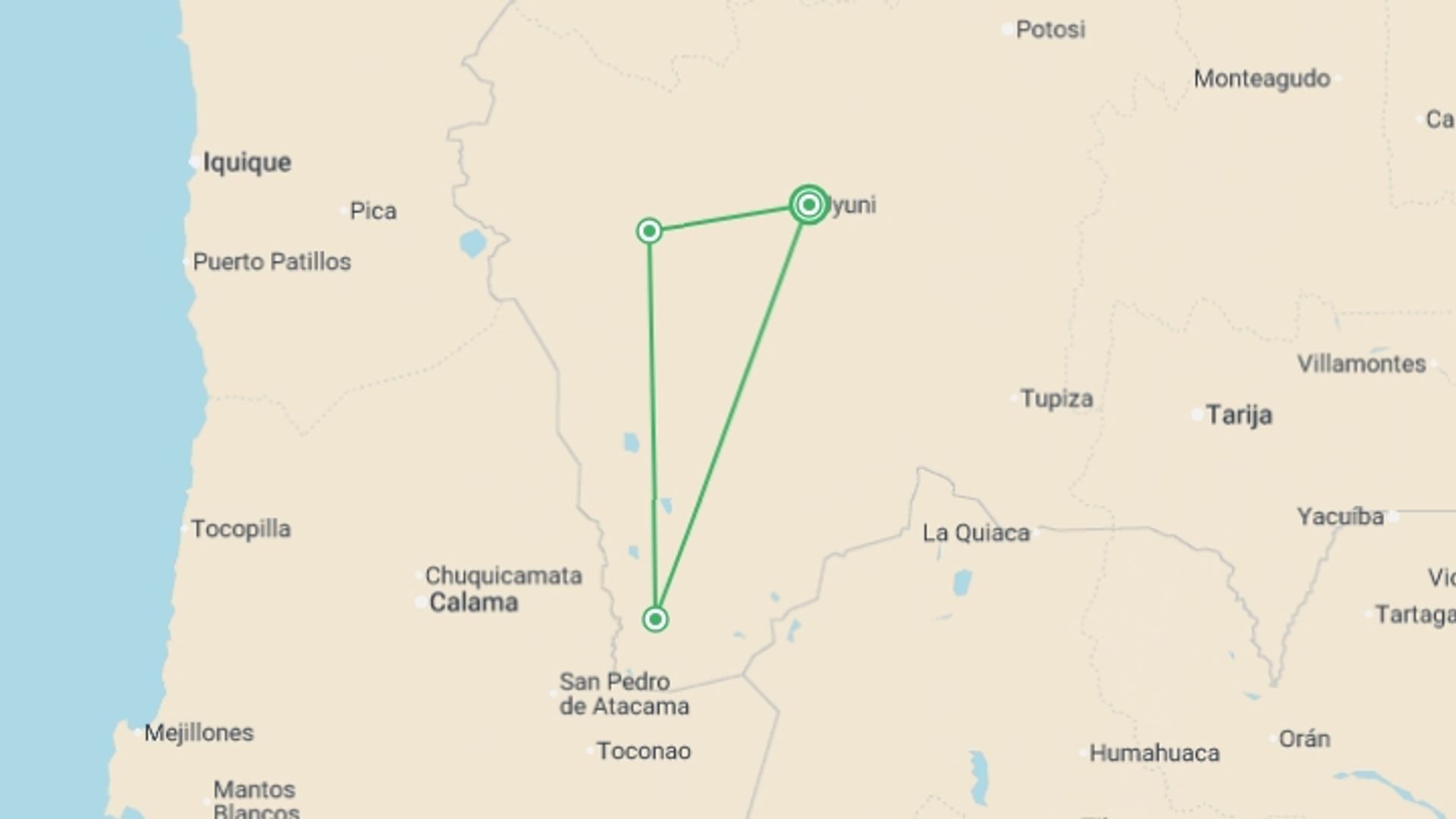 A map showing the tour itinerary for the trip: Uyuni Salt Flats & Desert Adventure 3D/2N (Uyuni to Uyuni), starting in Uyuni, Bolivia and ending in Uyuni, Bolivia going through 2 other destinations.