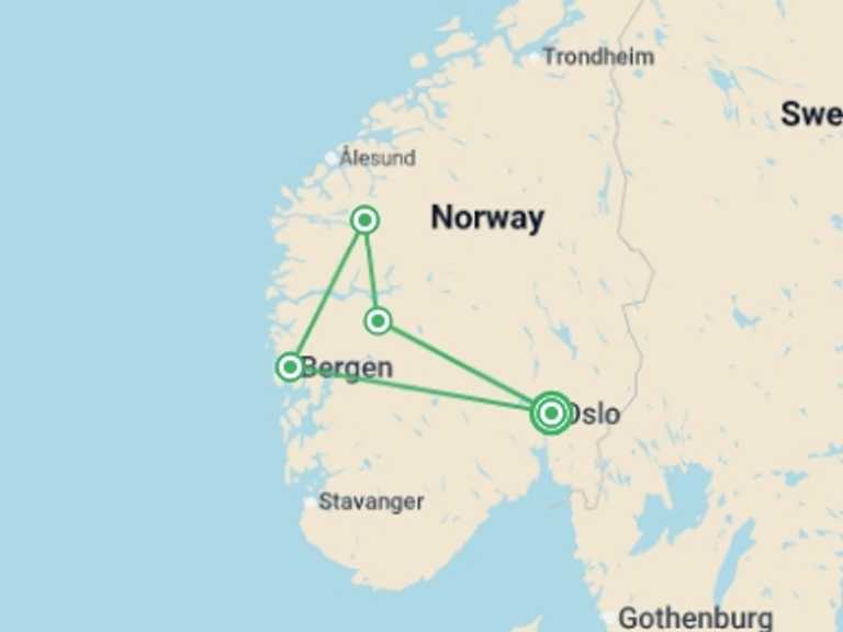 Map itinerary of Europe Tour in April 2027 with 2 destination visits for the trip: Highlights of Norway 