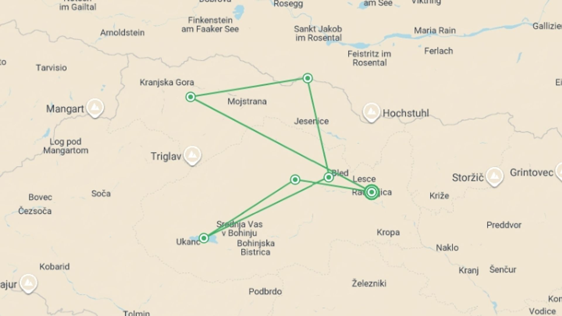 A map showing the tour itinerary for the trip: Walking the Slovenian Alps, starting in Radovljica, Slovenia and ending in Radovljica, Slovenia going through 5 other destinations.