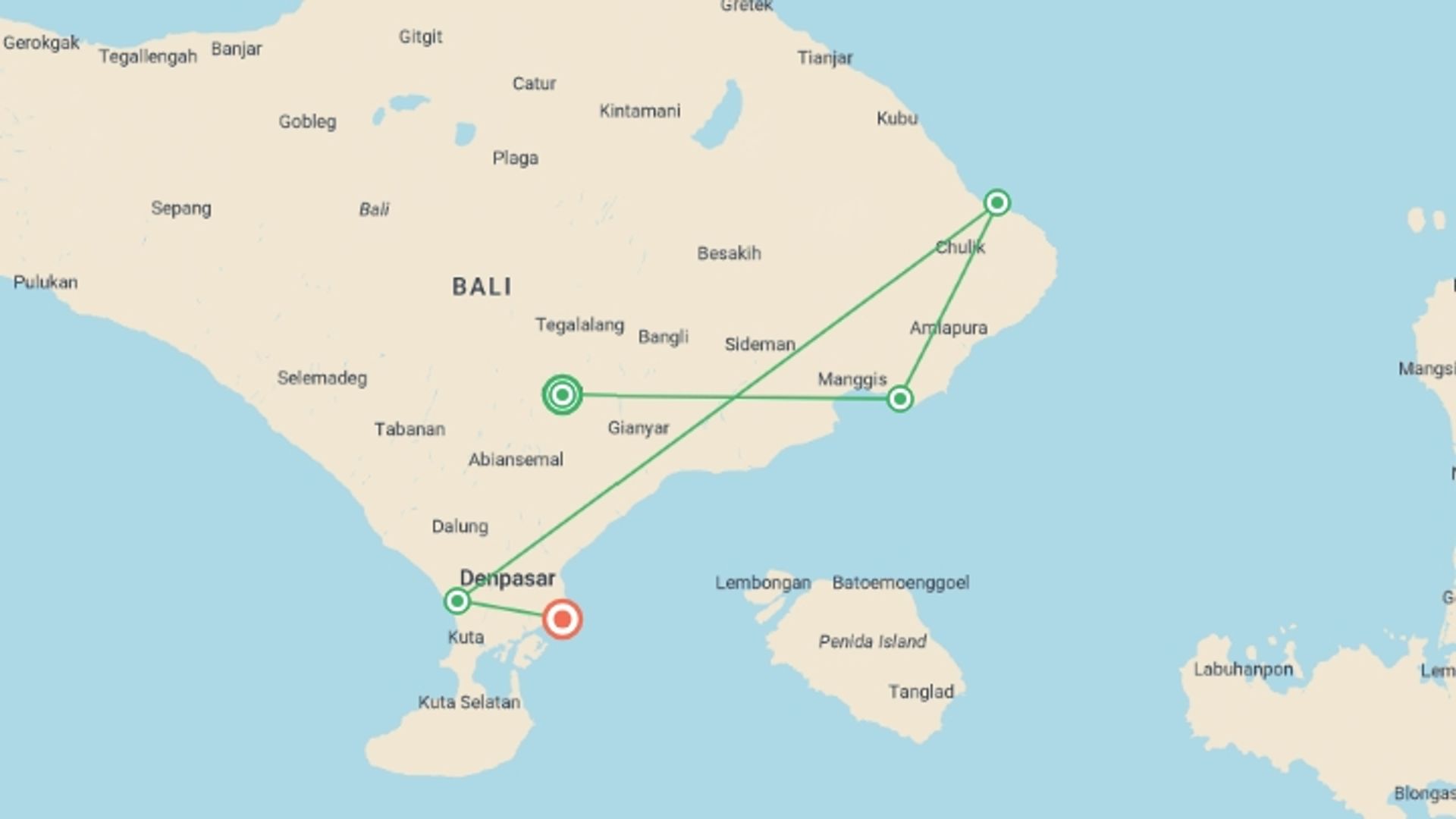 A map showing the tour itinerary for the trip: Bali Family Holiday with Teenagers, starting in Ubud, Indonesia and ending in Sanur, Indonesia going through 3 other destinations.