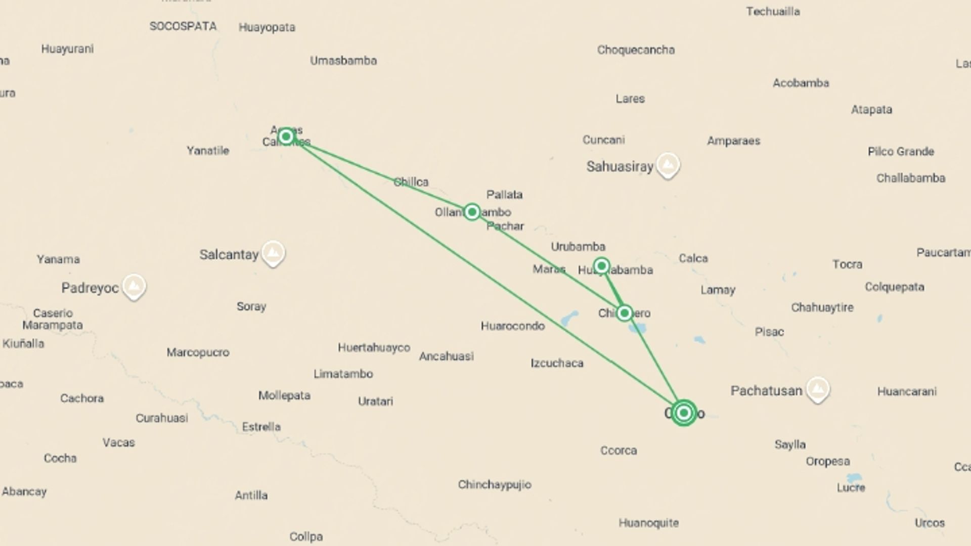 A map showing the tour itinerary for the trip: The Heart Of The Empire, Private Tour, starting in Cusco, Peru and ending in Cusco, Peru going through 3 other destinations.