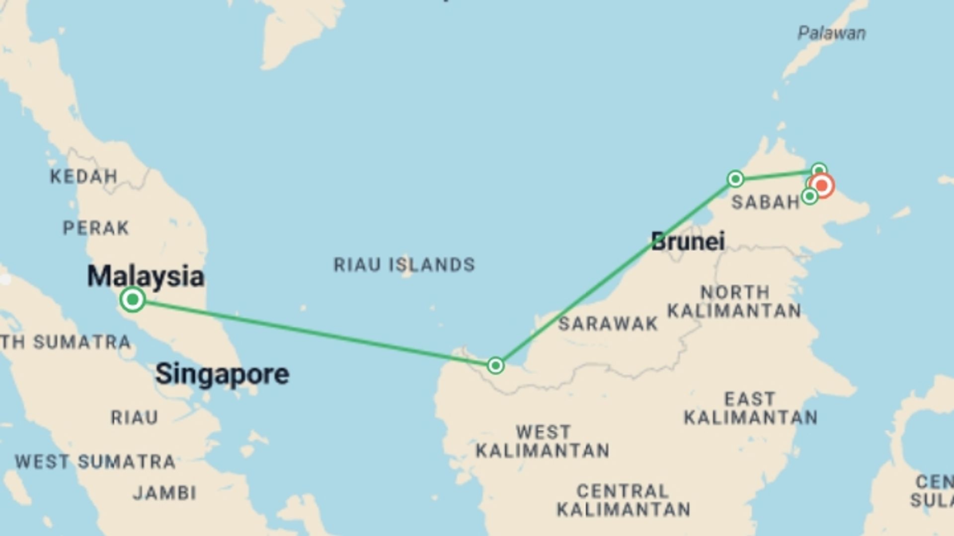 A map showing the tour itinerary for the trip: Borneo Adventure, starting in Kuala Lumpur, Malaysia and ending in Sandakan, Malaysia going through 5 other destinations.