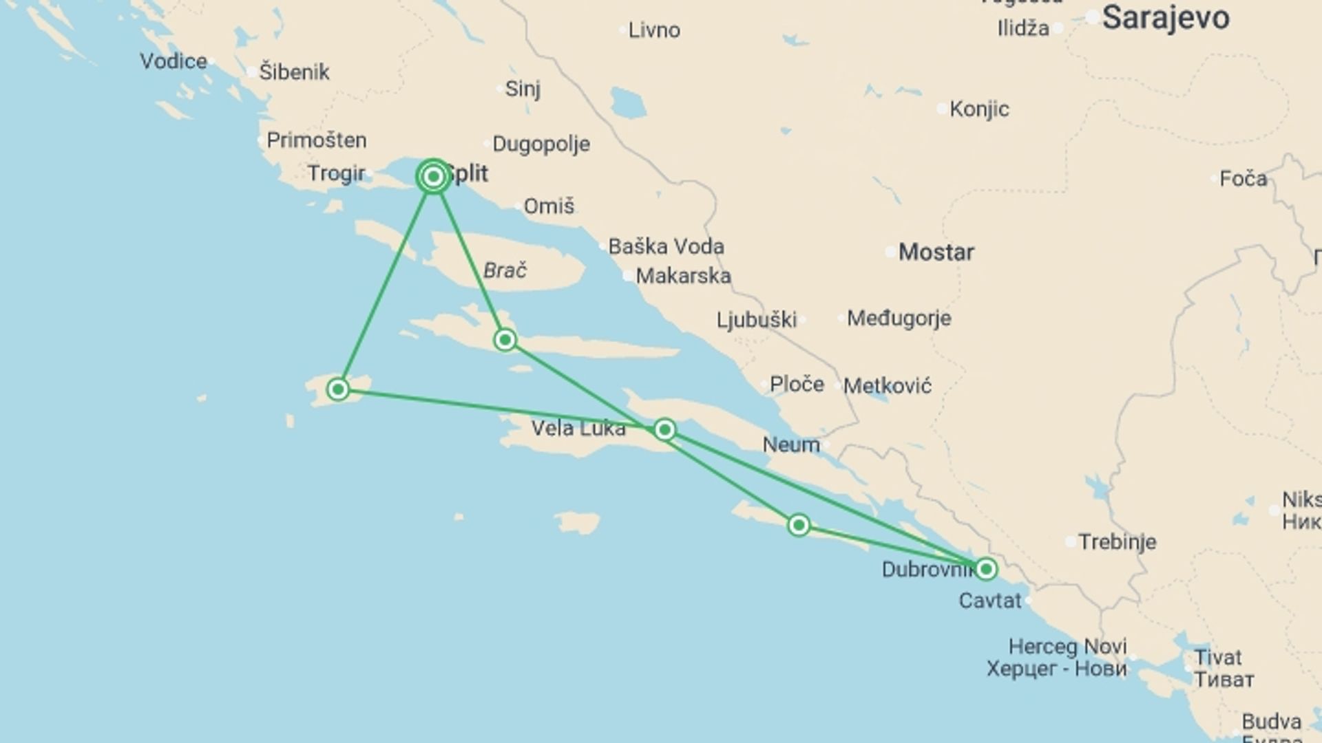 A map showing the tour itinerary for the trip: Adriatic Paradise Cruise - 8 days, starting in Split, Croatia and ending in Split, Croatia going through 5 other destinations.