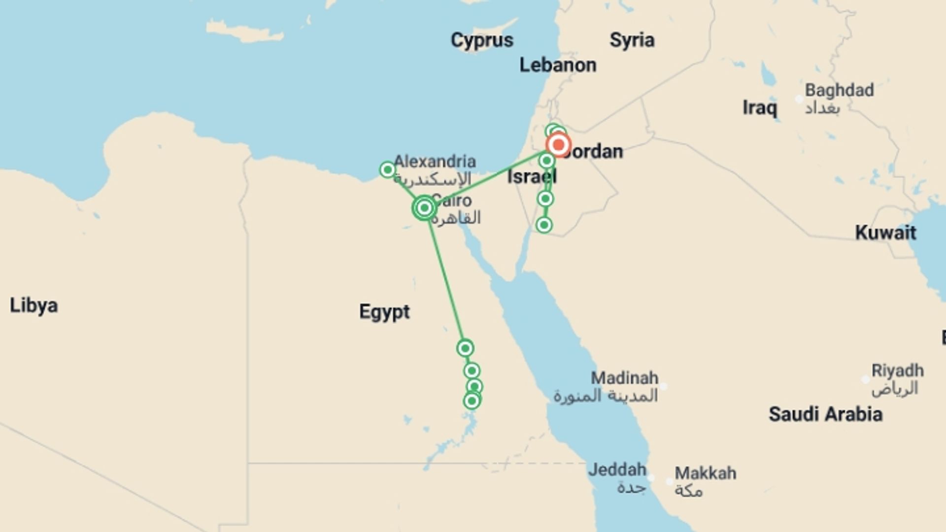 A map showing the tour itinerary for the trip: Egypt & Jordan Uncovered (5 & 4 Star Hotels), starting in Cairo, Egypt and ending in Amman, Jordan going through 6 other destinations.
