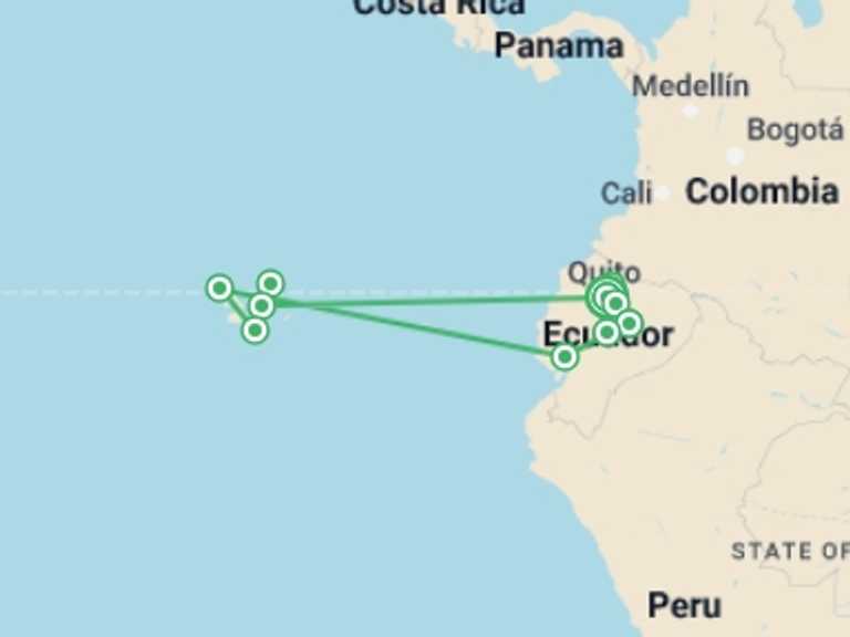 Map itinerary of Quito Tour in March 2026 with 10 destination visits for the trip: Best of Ecuador and Galapagos Cruise