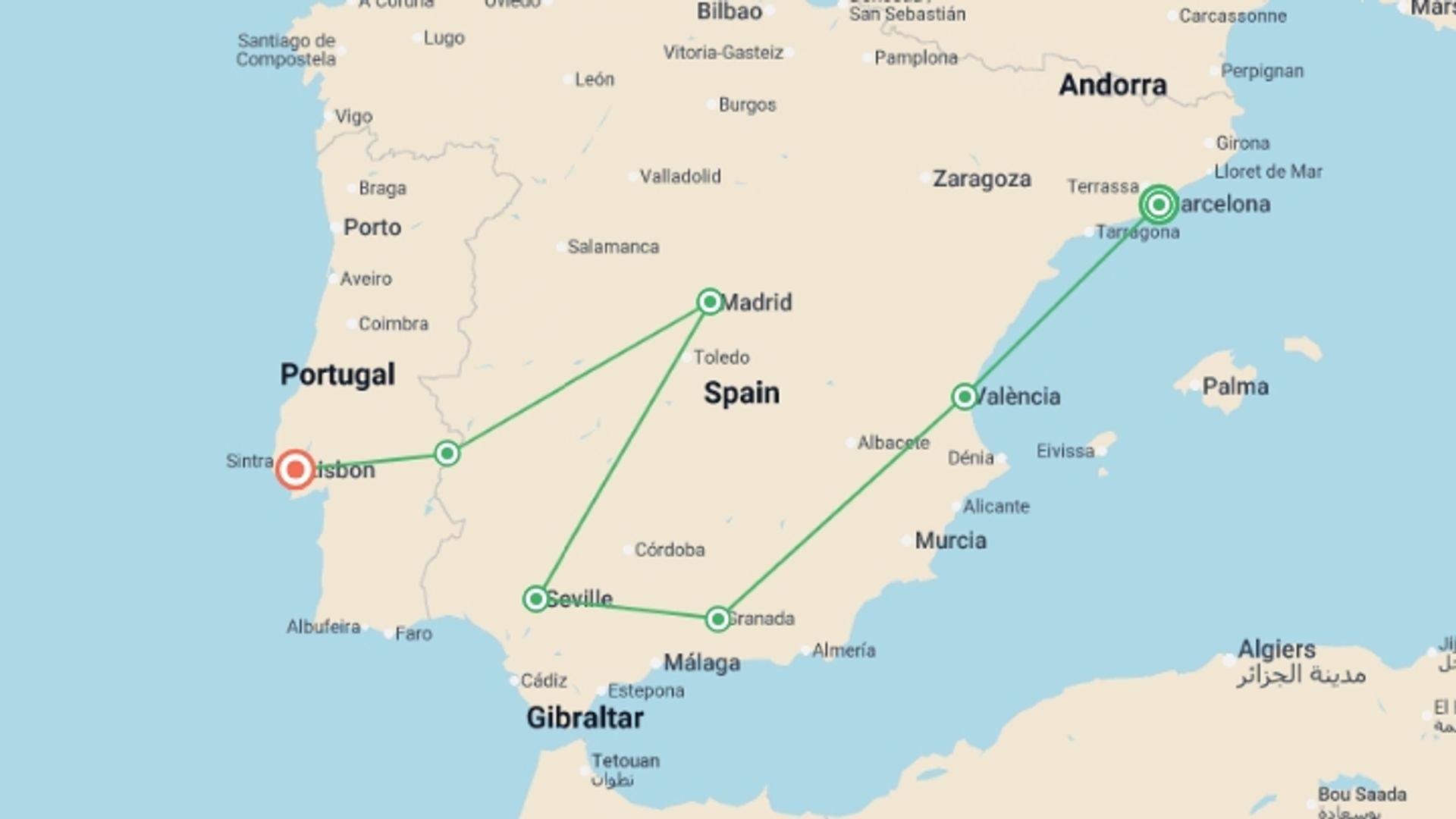 A map showing the tour itinerary for the trip: Spain's Classics & Portugal , starting in Barcelona, Spain and ending in Lisbon, Portugal going through 5 other destinations.