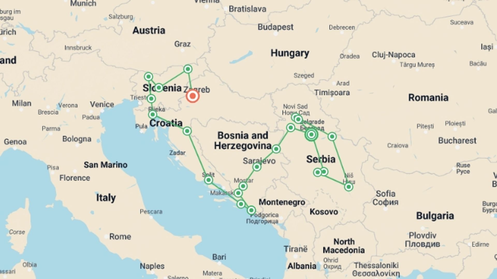 A map showing the tour itinerary for the trip: Jewels of Serbia and the Balkans, Ending in Zagreb, starting in Belgrade, Serbia and ending in Zagreb, Croatia going through 8 other destinations.