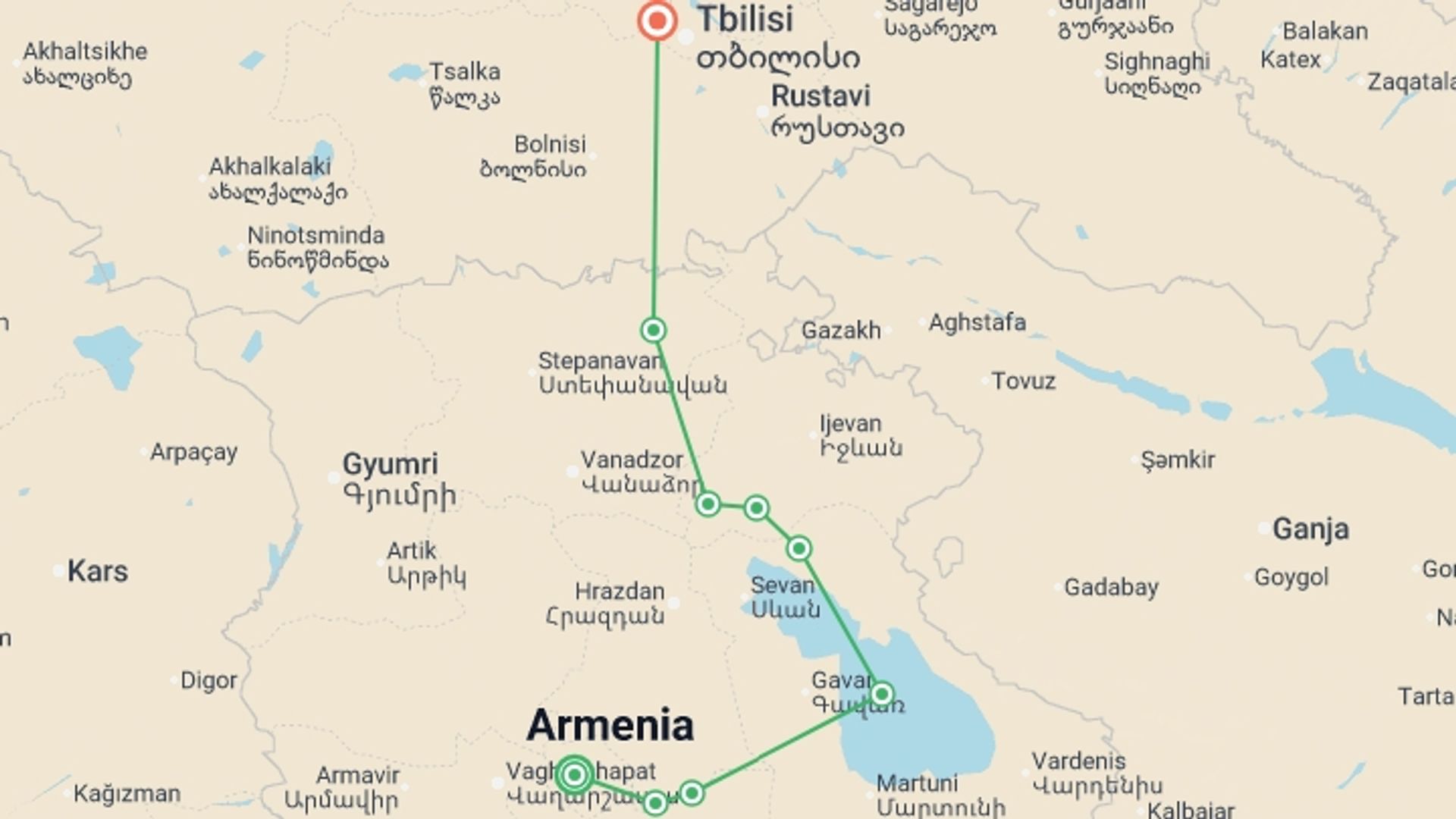 A map showing the tour itinerary for the trip: Transcaucasian Trail Hike Armenia, starting in Yerevan, Armenia and ending in Tbilisi, Georgia going through 5 other destinations.