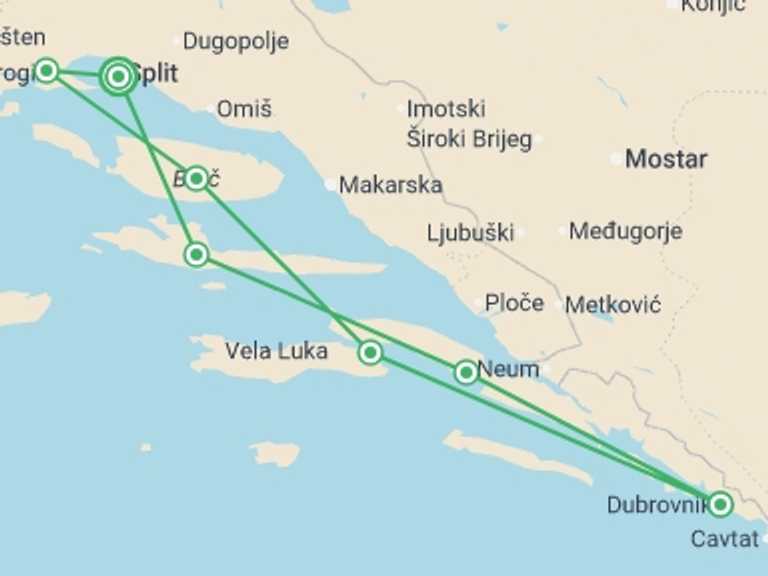 Map itinerary of Balkans Tour in October 2026 with 7 destination visits for the trip: Dalmatian Elegance