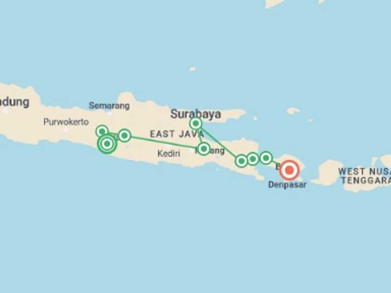 Map of Indonesia Tour with 9 destination visits for the trip: Indonesia: Yogyakarta, Java & Ubud