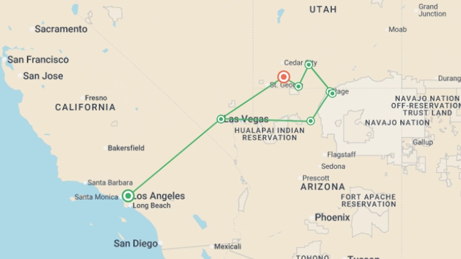 A map showing the tour itinerary for the trip: LA to Vegas & Grand Canyon - 4 days, starting in Los Angeles, USA and ending in Zion National Park, USA going through 3 other destinations.