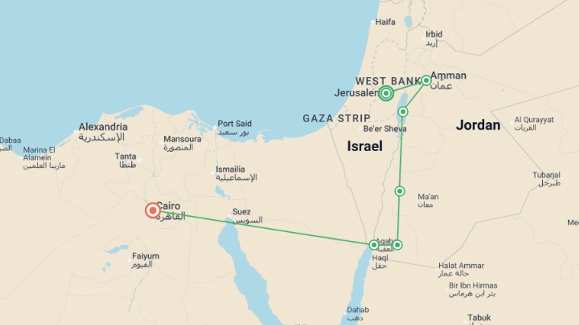 A map showing the tour itinerary for the trip: Jerusalem, unforgettable Jordan and Cairo, starting in Jerusalem, Israel and ending in Cairo, Egypt going through 5 other destinations.