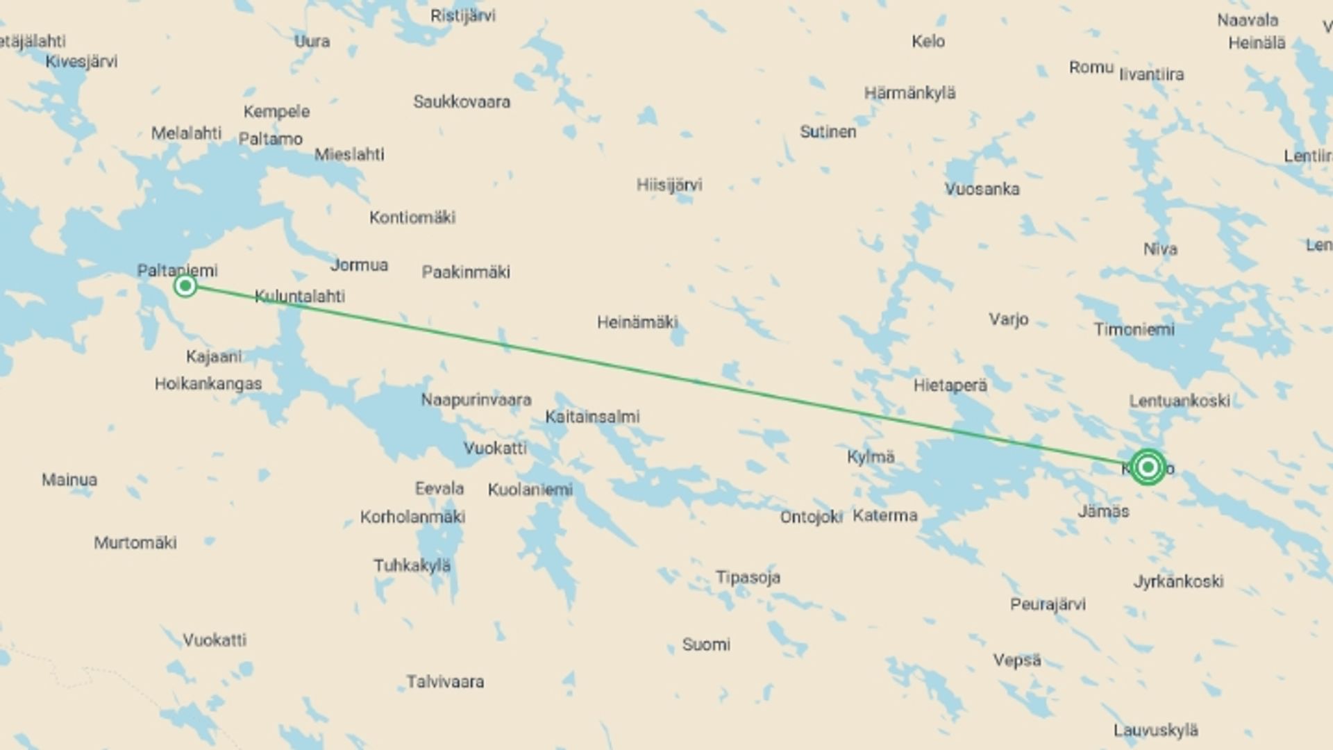 A map showing the tour itinerary for the trip: New Year's in Finland - 7 Days, starting in Kuhmo, Finland and ending in Kuhmo, Finland going through 2 other destinations.
