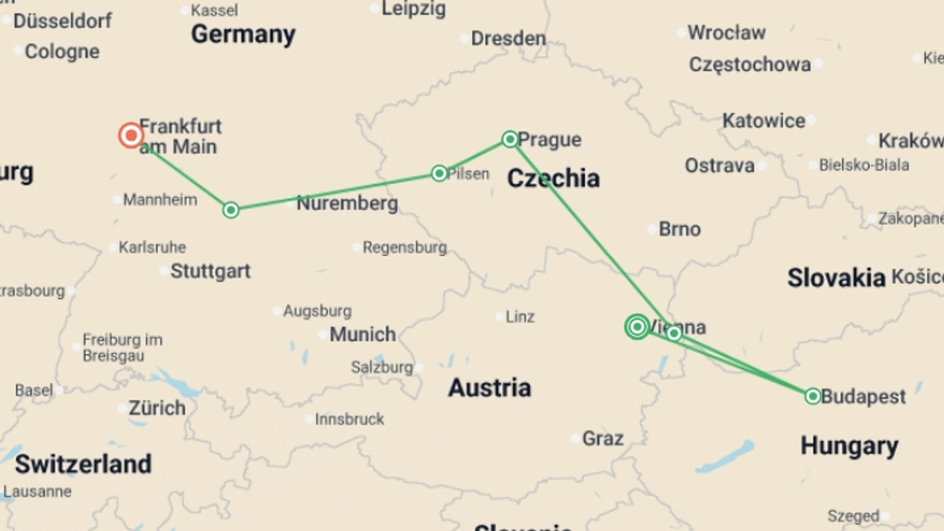 A map showing the tour itinerary for the trip: A Piece of Europe AR, starting in Vienna, Austria and ending in undefined, Germany going through 3 other destinations.
