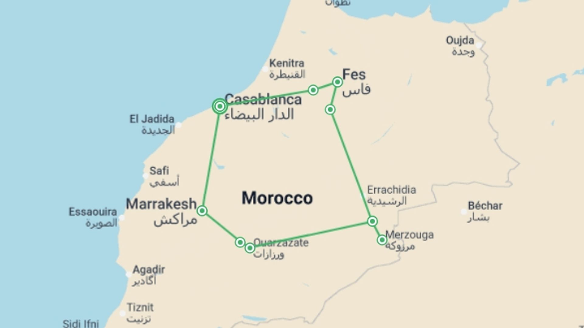 A map showing the tour itinerary for the trip: Classical Grand Tour of Morocco, starting in Casablanca, Morocco and ending in Casablanca, Morocco going through 5 other destinations.