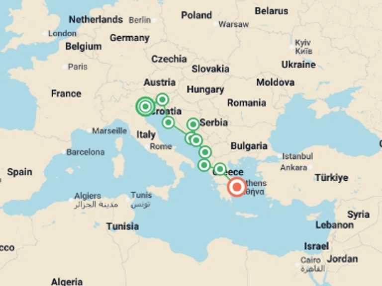 Map itinerary of Balkans Tour in July 2026 with 10 destination visits for the trip: Venice to Athens: Culture & Coastline