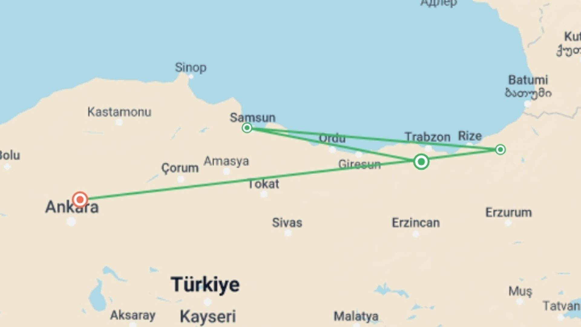 A map showing the tour itinerary for the trip: Trabzon-Rize Artvin Tour, starting in Trabzon, Turkey and ending in Karagol, Turkey going through 4 other destinations.